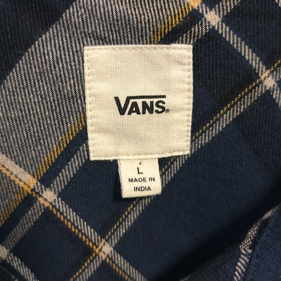 VANS FLANNEL BUTTON DOWN TOP BLUES AND WHITE WITH YELLOW/GOLD STRIPE SIZE LARGE - Picture 6 of 8